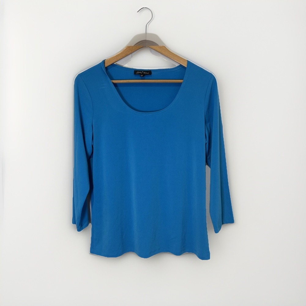 Slinky Brand Womens Top M  Blue Stretch Scoop Neck 3/4 Sleeve Travel Knit Layer